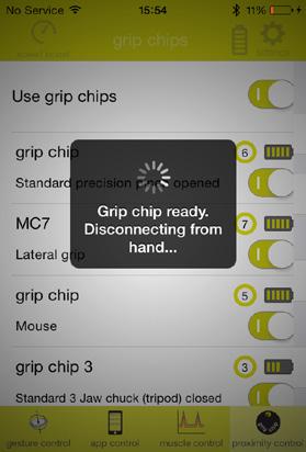 Upon successful programming of grip chips the hand will disconnect automatically.