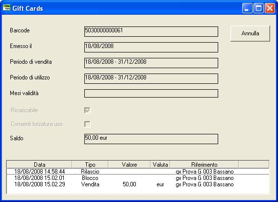 However, after having read an already sold card, it is possible using a key present in the quantity column, to access a data summary screen for that card.