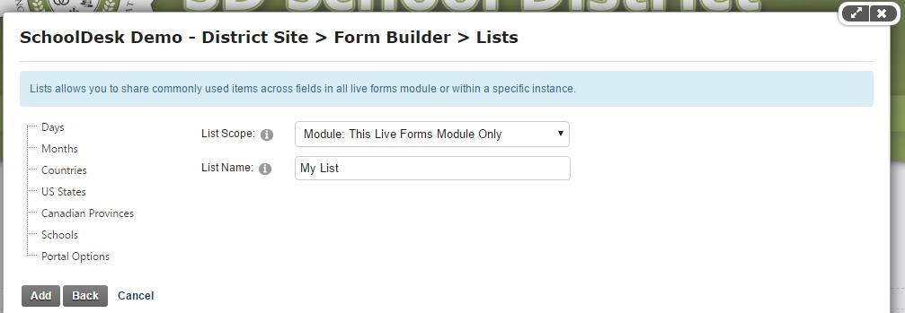List Scope must always have Module: This Live Forms Module Only selected.