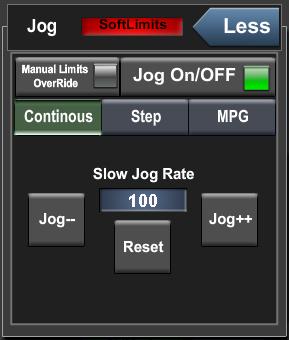 18 P a g e Figure 33 Jog Tool Panel Spindle The Spindle tool panel allows you to increase (S++), decrease (S--), or reset the spindle speed to 100% (Reset).
