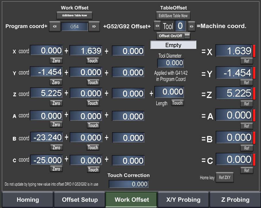 34 P a g e Work Offset The Work Offset tab shows how the machine coordinates are actually calculated. You can switch between your different work offsets by pressing the <= and => buttons.