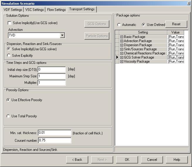 Transport Settings Under Solution Options, Solve Implicitly (Use GCG Solver), to unselect the checkbox For the Advection drop down list box, TVD option Under Dispersion, Reaction and Sink/Sources,