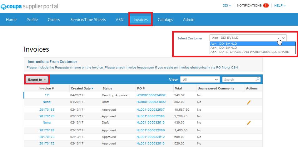 Invoices Click Invoices in the menu bar - you can review Invoices submitted by you.