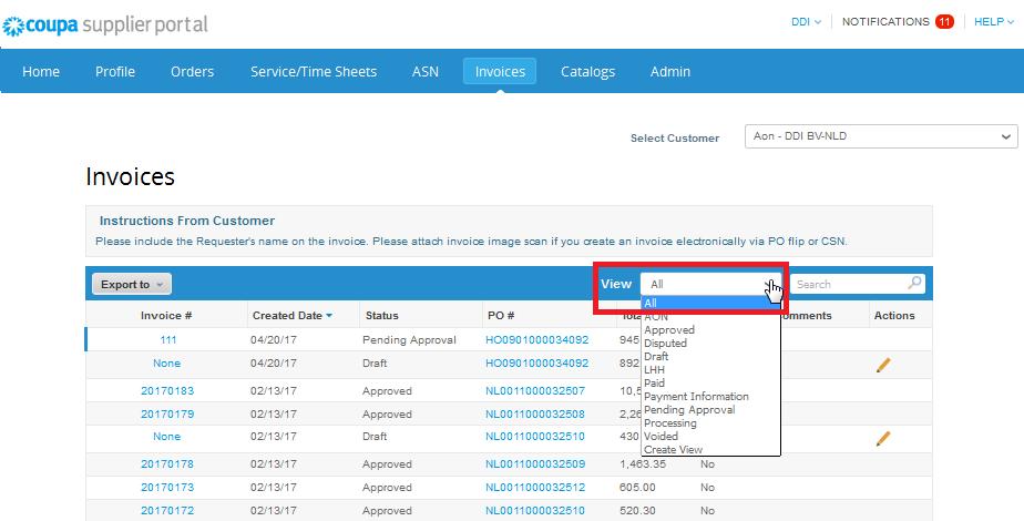 Invoices You can select different view of invoices or create your own and can see payment status of your invoices.