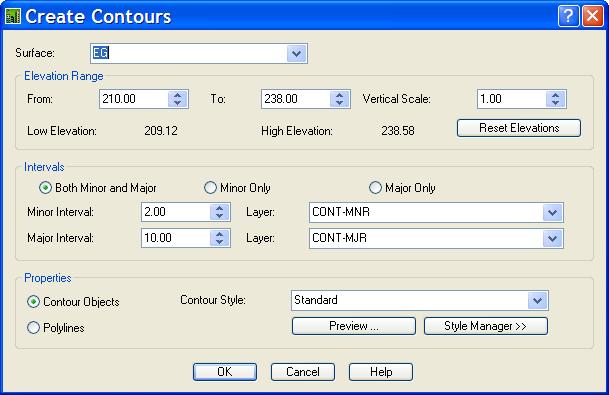 Create Existing Ground Contours 1. Go to Terrain> Create Contours 2. Make sure that Surface name is correct at the top of the dialog box. 3.