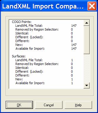 Pick OK to close the LandXML Import Data Options box and then OK again to close the LandXML Import box.