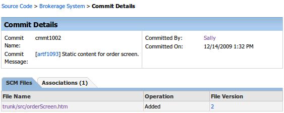 To see a detail of the file that you commited, click the trunk/src/orderscreen.htm link in the SCM Files tab 8i.