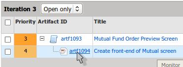 9d. Now you will see the Iteration 3 view. Ensure that Open only is selected next to Iteration 3 so that only open artifacts appear. Next click the link for the last open task. 9e.