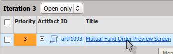 Now you should just see the parent user story artf1093 in the Iteration 3 planning folder view. Click the link for artf1093. 9g. In the artifact detail, change the Status field to Ready for UAT.