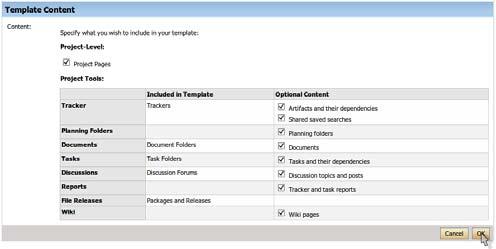 Check the boxes for each of the project tools that you want to include in the template.