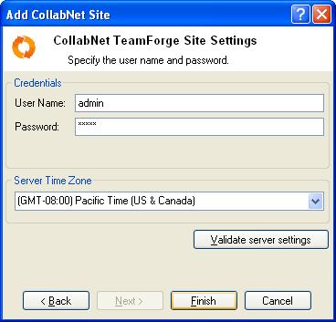 Optionally enter a Server Time Zone, and Validate you server Settings. Then click Finish. 3e.