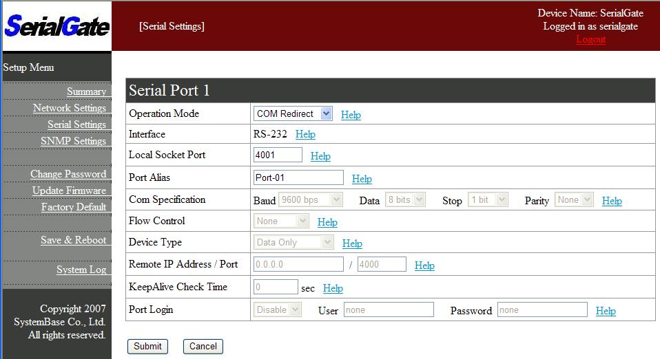 Serial Settings (210MHz Model Only) A user can set the communication and operation environment for the serial port. After changing values, a user needs to click Submit button.
