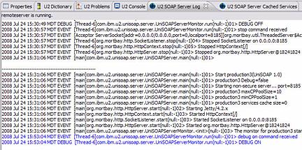 U2 Web Services Developer displays the log from the remote server as shown in the following example: Stop the Remote SOAP Server To stop the remote SOAP server, right-click