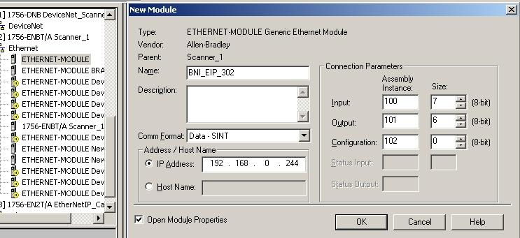 (5) Choose Data-SINT at Comm Format (6) Enter the IP address for the Balluff module (7) Entert he Assembly