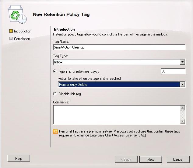 Setting up a Retention Policy Tag In the Exchange Management Console (Organization Configuration >