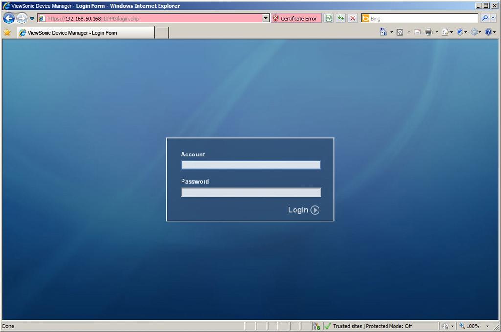 Accessing ViewSonic Device Manager Remotely with a Web Browser Login Page: Microsoft Internet Explorer 6.