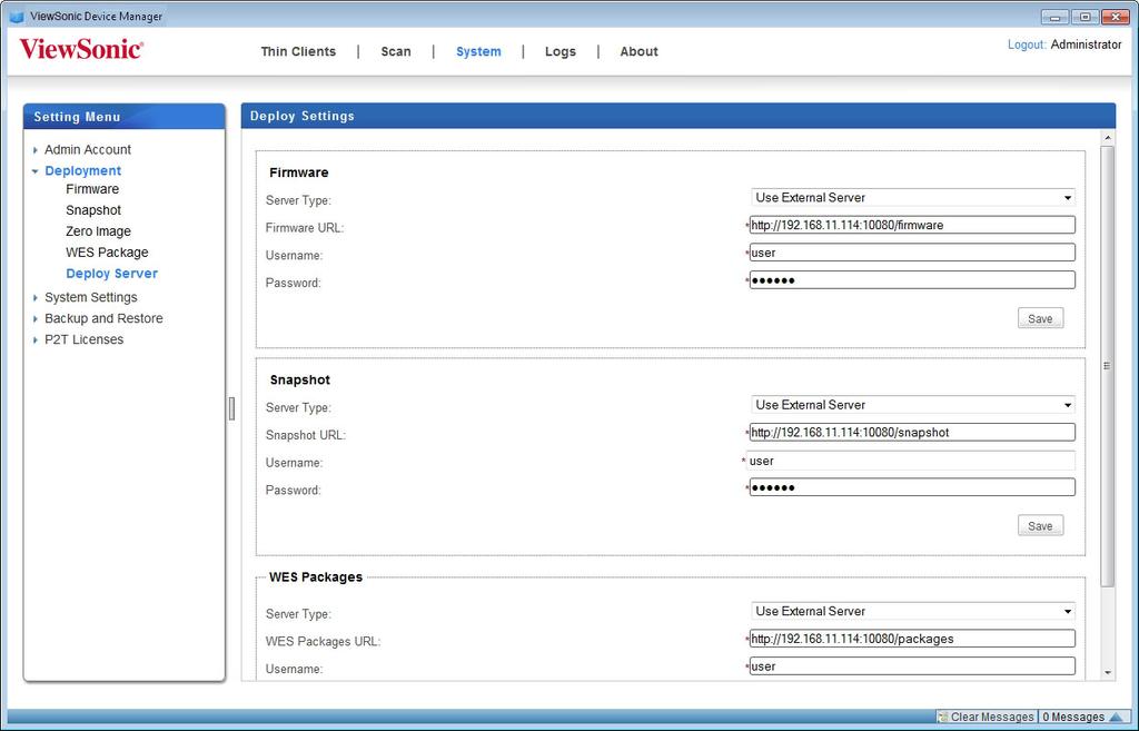 Establishing a Basic Administration Environment 3. Click the drop-down menu on each section (Firmware, Snapshot, and WES Packages) to select Use Internal Server, and then click Save to apply.