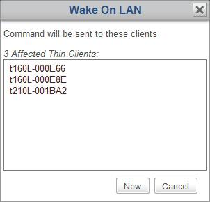 On Thin Clients tab, click Thin Clients to expand the Client Group tree. 2. Right-click on the desired client group to open a popup menu. 3. Click to select Wake On LAN. 4.