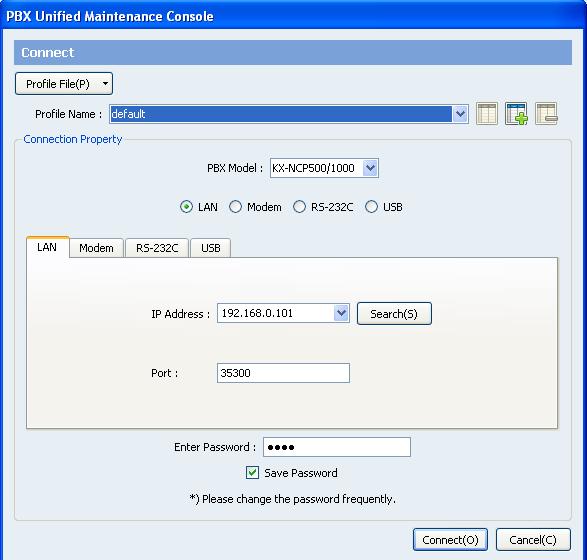 com 2- Connect to the PBX o Start the UPCMC o Click Connect and choose the method of connection using either LAN, RS- 232, Modem, or USB to