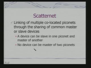 (Refer Slide Time: 06:46) Parked devices as well as slaves as synchronized to the master then you have got scatternet. What is done in scatternet?
