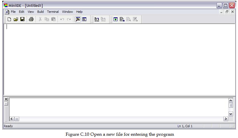 Step 4. Open a new file for entering an assembler program - Press the File menu and select New and the screen is changed to Figure C.10.
