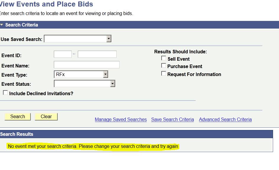 Search for the bid event you are interested to place your bid. Several search fields are available.