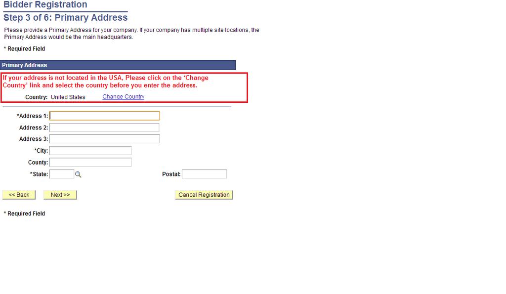 Select the country and complete the address for your company.