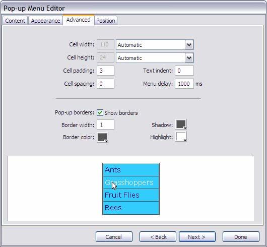 orientation for the pop-up menu. 10. Select either HTML or Image for Cells (Figure 5). Note: HTML sets the menu s appearance using only HTML code; this setting produces pages with smaller file sizes.