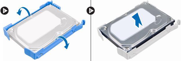 Press both blue securing-bracket tabs inward and slide the hard-drive bracket into the hard-drive