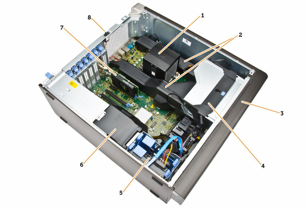22. USB 2.0 connector 23. active expansion card slots 24. mechanical slot 25. power cable connector 26. power-supply unit (PSU) release latch Figure 2. Inside View of T5810 Computer 1.