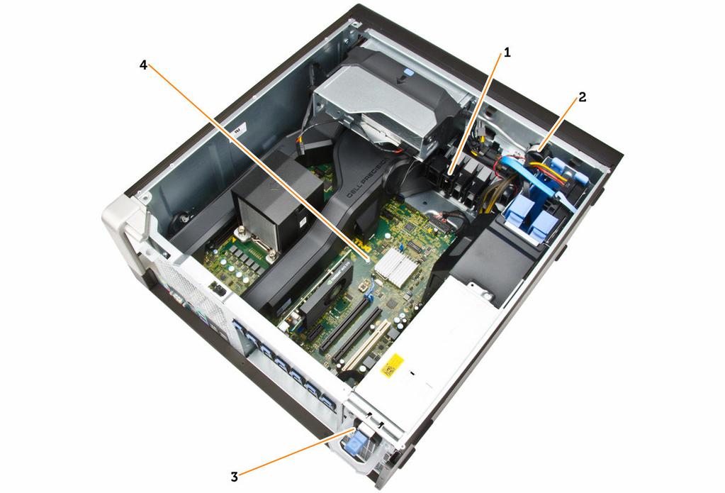 Figure 3. Inside View of T5810 Computer 1. PCIe-card retention 2. internal speaker 3. power-supply unit 4. mother board Removing the Power Supply Unit (PSU) 1.