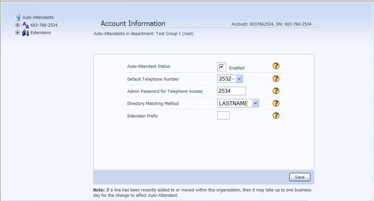 Auto-Attendant Auto-Attendant Status You can Enable/ Disable your auto-attendant from here. Default Telephone Number This is where calls will go when your Auto-Attendant is Disabled.