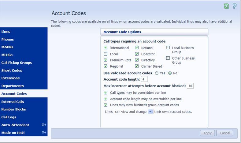 Account Codes The following codes are available on all lines when account codes are validated.