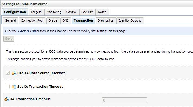 » Timeouts in XA Data Sources: This is used in Oracle WebLogic Server to set a transaction branch timeout for Data Sources (You may want to set it if you have long-running transactions that exceed