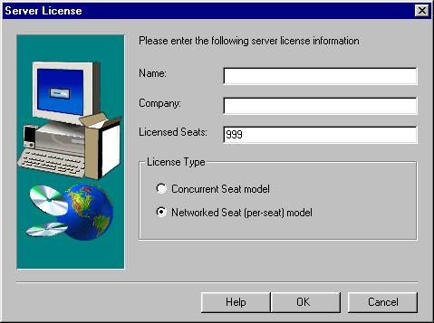 18. In the Server License dialog box, enter the relevant Name and Company information. 19. In the Licensed Seats field, type: 999. 20.
