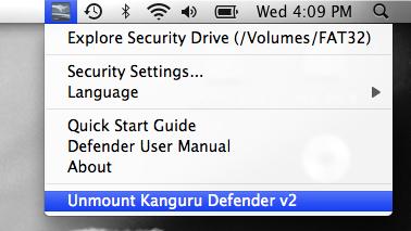 Unmounting Your Defender V2 2.10.2 Safely Removing from Mac OS X To unmount your Defender Basic, click on the KDMV2 icon select Unmount Kanguru Defender V2.