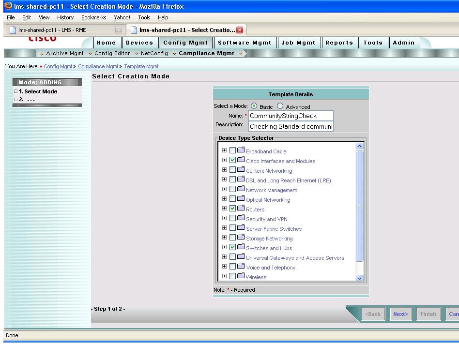 Figure 2. Creating a Baseline Template 2. Select the appropriate device category, click Basic, and provide an appropriate description and a name for the template in the text area.