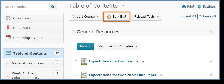 Edit Multiple Modules and Topics Except for date restriction changes, most changes save automatically. 1. On the Table of Contents page, click Bulk Edit. 2.