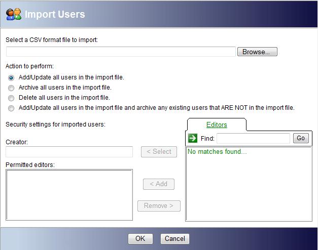 Importing Users Users can be batch imported into a group via a.csv (comma separated variables) file containing rows for each user and columns for each user field. To import a.