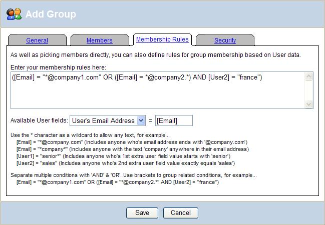 Groups with membership rules Group membership rules can be setup so that any existing or new users who meet the criteria are automatically added to the group.