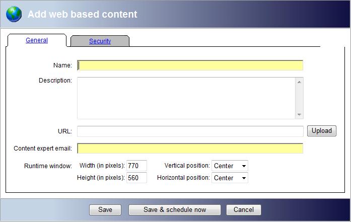 If A webpage / Uploaded content or SCORM Compliant Content is selected then the following window is displayed. Enter a name that identifies the Content and an optional Description.