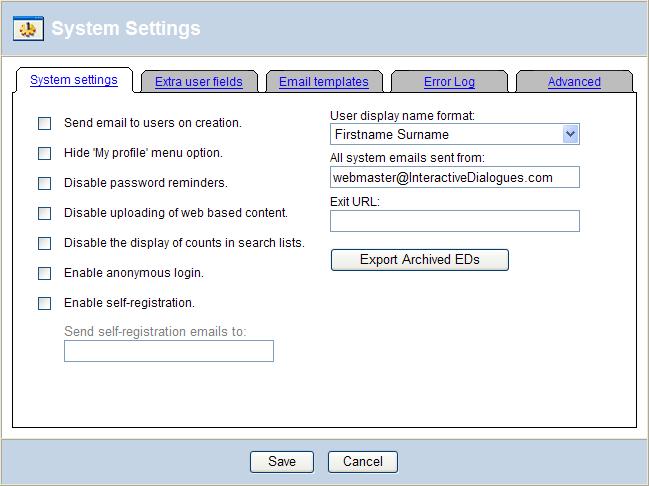 System Settings The System Settings link is only available to Client Administrators and Administrators, and is used to modify global settings for the DMS site.