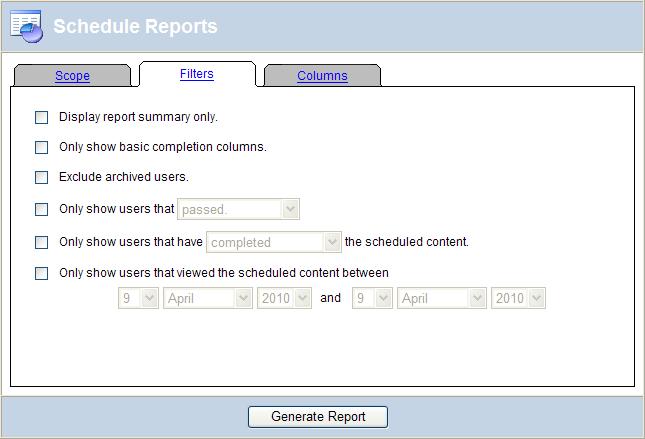 Tick the box next to the appropriate filter to apply it to the report. Display report summary only. Only show basic completion columns. Exclude archived users. Only show users that passed.