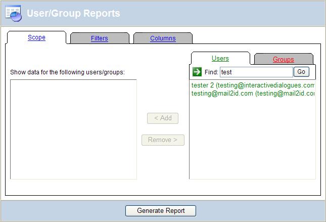 User/Group Report To run a user/group report, click on Admin > User/Group from the main menu.