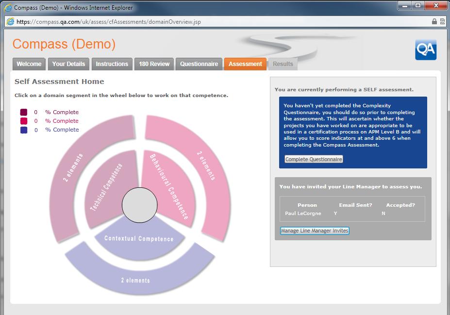 16 Assessment Home Page On the left hand side of the assessment home page is the Wheel of Competence which provides navigation to each of the assessment domain or topic area.