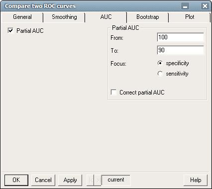 5.4. AUC tab (paired and unpaired) Partial AUC: compute only a portion of the AUC, as defined in the Partial AUC group (not available if "method" (in "General" tab) is "delong" or "venkatraman";
