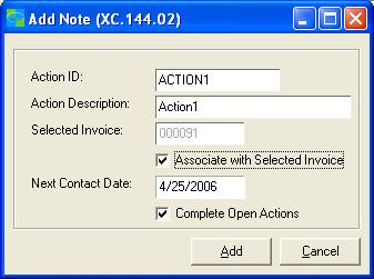 c. The note can be associated with the client only or associated with a particular document (by checking Associate with Selected Invoice). d. Next Contact Date is auto populated based on the ActionID and the current Business Date.