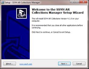 Installing AR Collections Manager Create a subdirectory to hold the installation files, i.e. C:\AR Collections Manager. Copy the zip file received from SSYH into this subdirectory.