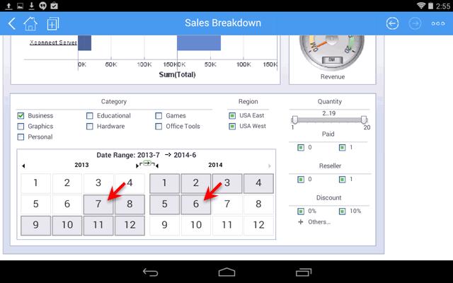 b. Tap the Date Range button. c. Tap to select month 7 in year 2013 and month 6 in year 2014. d.
