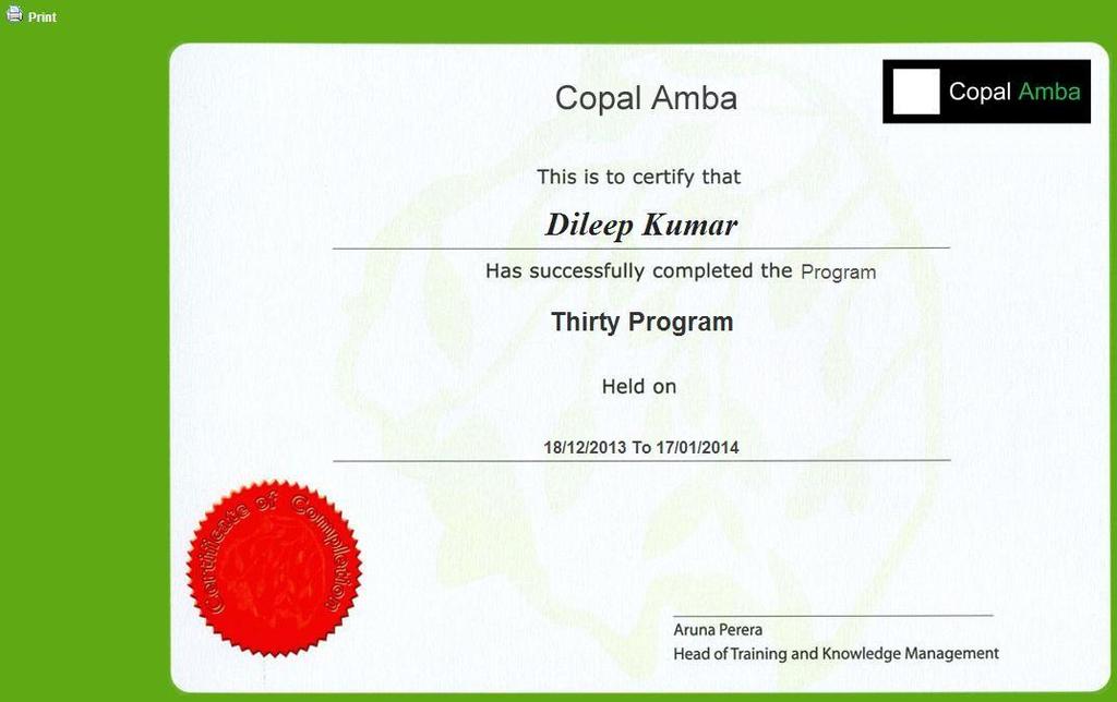 Figure 27: Program Certificate NOTE: The Certificate link is enabled only when each of the individual courses in the program is 80% completed.